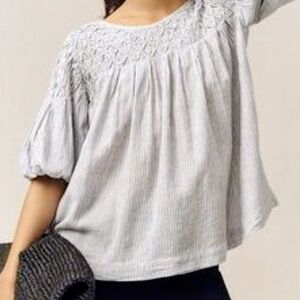 Anthropologie Light Blue And White Stripe Blouse with Embroidered Detail